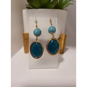 Teal‎ Drop Earrings Gold Tone Oval Cabochon Bead Dangle Statement Jewelry